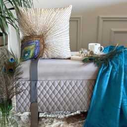 Beaded Birds Pattern Ivory Art Silk Pillow Sham, 24x24/26x26 Modern Euro Sham - Peacock Beauty - thumbnail 2