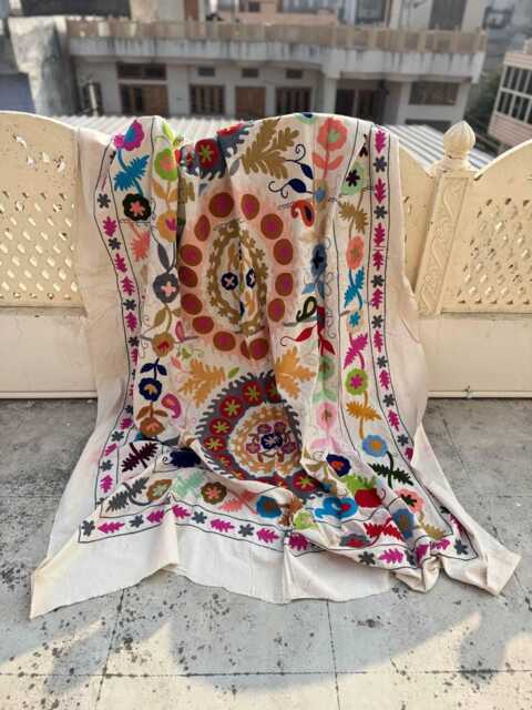 Hand-Embroidered Cotton Suzani Quilt - Vibrant Bohemian Folk Textile, Reversible Throw Blanket - image 1