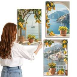 3 Piece Canvas Set - Seaside Town Lemons & Flowers in Pots, Blue Wall Art, Landscapes Hanging - thumbnail 3