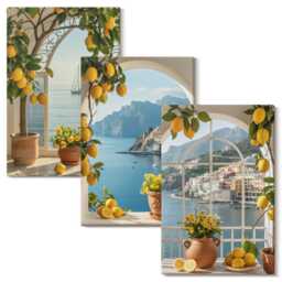 3 Piece Canvas Set - Seaside Town Lemons & Flowers in Pots, Blue Wall Art, Landscapes Hanging - thumbnail 2