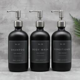 Matte Black Glass Soap Dispenser Refillable Bottle With Brass Metal Pump & Waterproof Grey Label - thumbnail 3