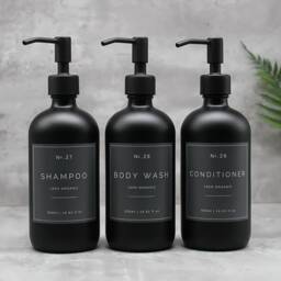 Matte Black Glass Soap Dispenser Refillable Bottle With Brass Metal Pump & Waterproof Grey Label - thumbnail 2