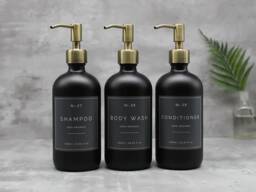 Matte Black Glass Soap Dispenser Refillable Bottle With Brass Metal Pump & Waterproof Grey Label