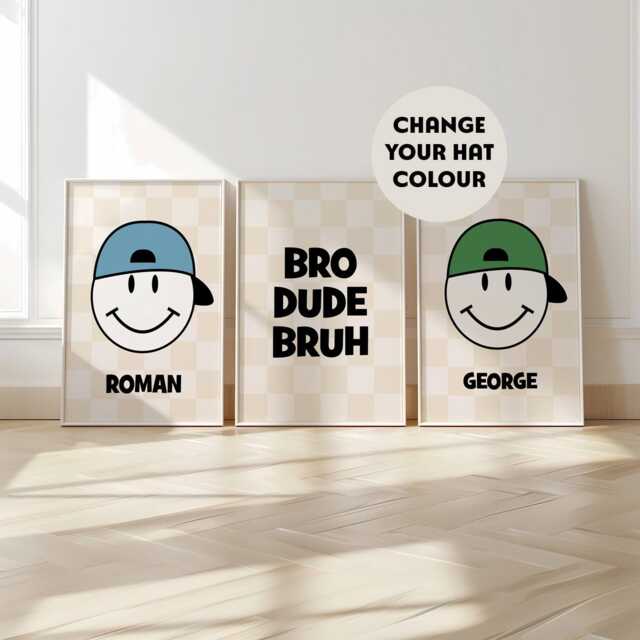 Personalised Brothers Print, Smile Face, Set Of 3, Sibling Decor, Boys Bedroom, Playroom Wall Art, Bro Dude Bruh, Multiple Colours - image 1