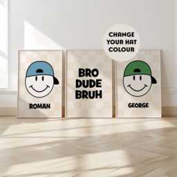 Personalised Brothers Print, Smile Face, Set Of 3, Sibling Decor, Boys Bedroom, Playroom Wall Art, Bro Dude Bruh, Multiple Colours - thumbnail 1