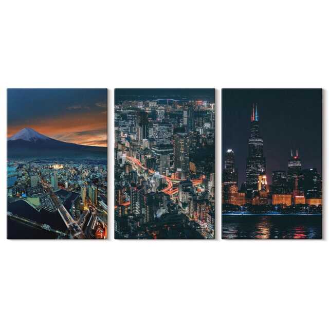 Set Of 3 Canvas Prints - Mountain View The City At Night With Skyscrapers, Navy Wall Art, Travels Hanging Piece - image 1