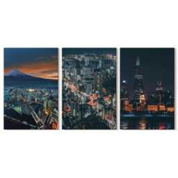Set Of 3 Canvas Prints - Mountain View The City At Night With Skyscrapers, Navy Wall Art, Travels Hanging Piece - thumbnail 1