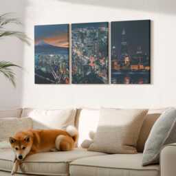 Set Of 3 Canvas Prints - Mountain View The City At Night With Skyscrapers, Navy Wall Art, Travels Hanging Piece - thumbnail 3