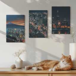 Set Of 3 Canvas Prints - Mountain View The City At Night With Skyscrapers, Navy Wall Art, Travels Hanging Piece - thumbnail 2