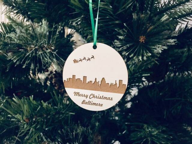 Christmas Tree Ornament, Laser Engraved Wood Personalized Gift, Baltimore City Skyline Ornament - image 1