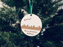 Christmas Tree Ornament, Laser Engraved Wood Personalized Gift, Baltimore City Skyline Ornament