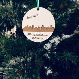 Christmas Tree Ornament, Laser Engraved Wood Personalized Gift, Baltimore City Skyline Ornament - thumbnail 2