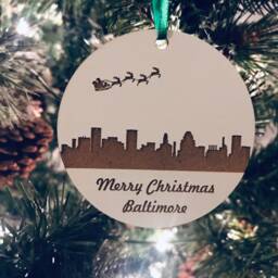 Christmas Tree Ornament, Laser Engraved Wood Personalized Gift, Baltimore City Skyline Ornament - thumbnail 3