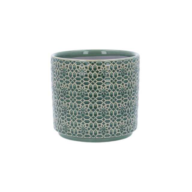 Green Tile Plant Pot - Floral Ceramic Planter Home Decor Stoneware Cover - image 1