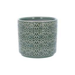 Green Tile Plant Pot - Floral Ceramic Planter Home Decor Stoneware Cover - thumbnail 2