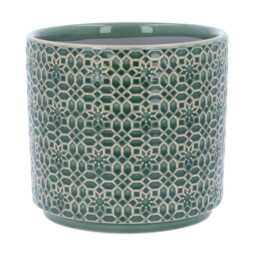 Green Tile Plant Pot - Floral Ceramic Planter Home Decor Stoneware Cover - thumbnail 4