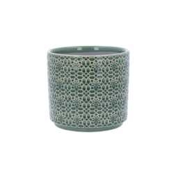 Green Tile Plant Pot - Floral Ceramic Planter Home Decor Stoneware Cover