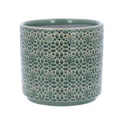 Green Tile Plant Pot - Floral Ceramic Planter Home Decor Stoneware Cover - thumbnail 3