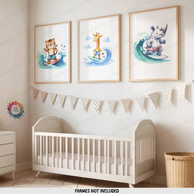 Surfer Animal Kids Prints - Set Of 3 Posters - Children Surf Wall Art Surfing Nursery Decor Ocean Artwork Illustration Surfboard Print - image 1