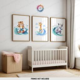 Surfer Animal Kids Prints - Set Of 3 Posters - Children Surf Wall Art Surfing Nursery Decor Ocean Artwork Illustration Surfboard Print - thumbnail 2