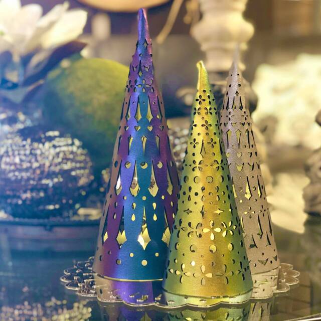 Holiday Tree Light Decorations - Christmas Lanterns Blue, Silver, Gold Vegan Leather Trees Decor Set Tea Lights Included - image 1