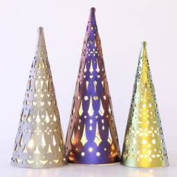 Holiday Tree Light Decorations - Christmas Lanterns Blue, Silver, Gold Vegan Leather Trees Decor Set Tea Lights Included - thumbnail 4