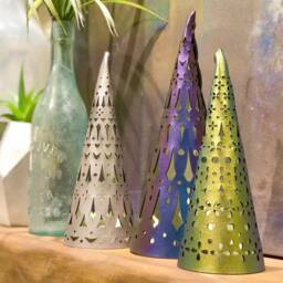 Holiday Tree Light Decorations - Christmas Lanterns Blue, Silver, Gold Vegan Leather Trees Decor Set Tea Lights Included - thumbnail 2