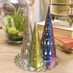 Holiday Tree Light Decorations - Christmas Lanterns Blue, Silver, Gold Vegan Leather Trees Decor Set Tea Lights Included - thumbnail 3