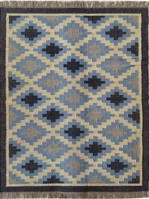 Wool Jute Flatweave Kilim Rug - Blue & Beige Tribal Diamond Pattern Boho Area Carpet - image 1