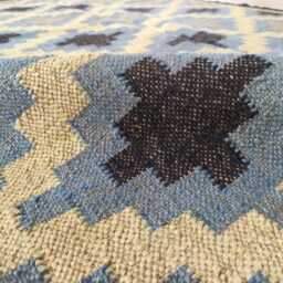 Wool Jute Flatweave Kilim Rug - Blue & Beige Tribal Diamond Pattern Boho Area Carpet - thumbnail 4
