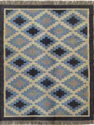 Wool Jute Flatweave Kilim Rug - Blue & Beige Tribal Diamond Pattern Boho Area Carpet - thumbnail 1