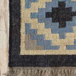 Wool Jute Flatweave Kilim Rug - Blue & Beige Tribal Diamond Pattern Boho Area Carpet - thumbnail 2