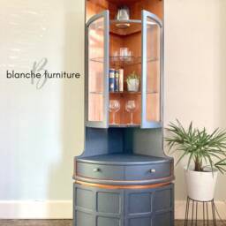 Tall Nathan Mid Century Modern Corner Drinks Cabinet - Refinished Ash Grey Cocktail Display Unit - thumbnail 2