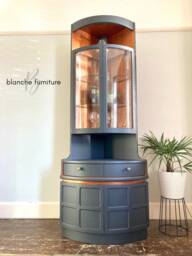 Tall Nathan Mid Century Modern Corner Drinks Cabinet - Refinished Ash Grey Cocktail Display Unit - thumbnail 1