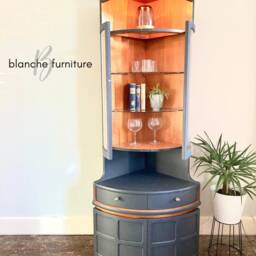 Tall Nathan Mid Century Modern Corner Drinks Cabinet - Refinished Ash Grey Cocktail Display Unit - thumbnail 3