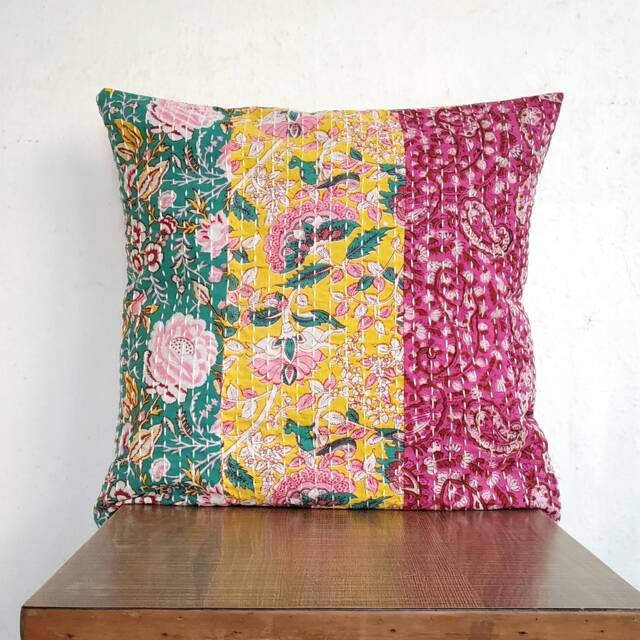 Sea Green Yellow N Fuchsia Kantha Pillow Cover, Kantha Cushion Floral Pillow Cushion, Bohemian Decor - image 1