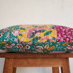 Sea Green Yellow N Fuchsia Kantha Pillow Cover, Kantha Cushion Floral Pillow Cushion, Bohemian Decor - thumbnail 3