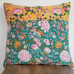 Sea Green Yellow N Fuchsia Kantha Pillow Cover, Kantha Cushion Floral Pillow Cushion, Bohemian Decor - thumbnail 2