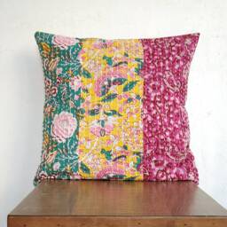 Sea Green Yellow N Fuchsia Kantha Pillow Cover, Kantha Cushion Floral Pillow Cushion, Bohemian Decor - thumbnail 1