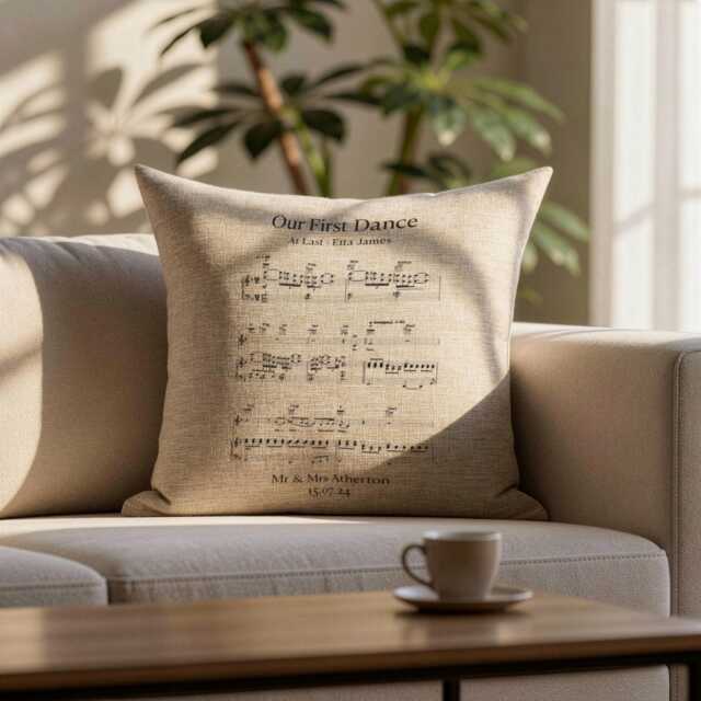 First Dance Song Sheet Music On Linen Cushion For 4Th Or 12Th Anniversary Gift, Personalised Lyrics Printed - image 1
