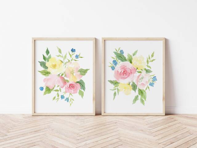 Flower Bouquet Watercolor Prints Set Of 2 Floral Wall Art - image 1