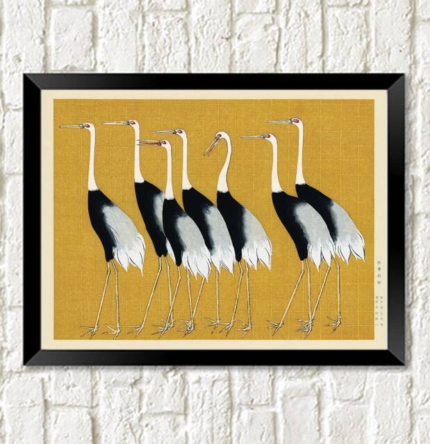 Japanese Cranes Print Vintage Bird Art Illustration, Golden Brown - image 1