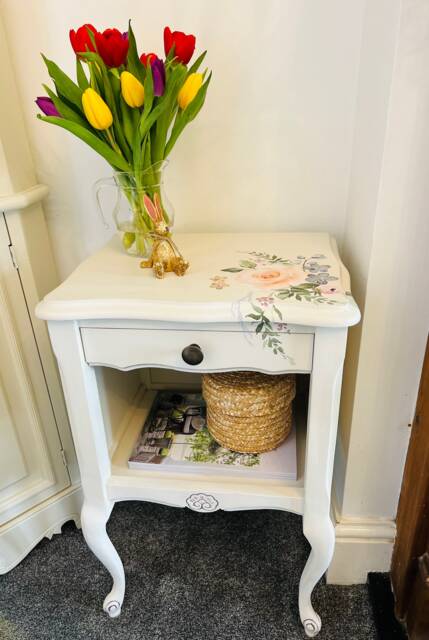 Sold Ivory & Floral Console Side Table, Bedside Telephone Design, Country Cottage, Shabby Chic, Queen Anne Legs, Ornate - image 1
