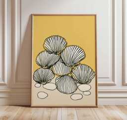 Seashell Line Art Print, Minimalist Coastal Wall Decor, Modern Beach Poster, Yellow & Cream Ocean Artwork, Scandinavian Style - thumbnail 1