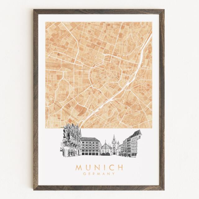 Munich Watercolor Map & Architectural Sketch Print Germany City Block Plan - Art Print Anniversary Wedding Graduation Gift European Travel - image 1