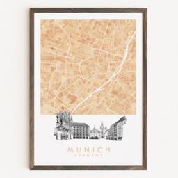 Munich Watercolor Map & Architectural Sketch Print Germany City Block Plan - Art Print Anniversary Wedding Graduation Gift European Travel - thumbnail 1