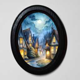Halloween Gothic Village Picture, Black Oval Wooden Frame, Witchy Wall Decor - thumbnail 1