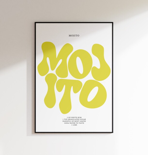Mojito Print - Cocktail Poster Wall Art A5 A4 A3 Bold Typographic Drink Bar Groovy Funky - image 1