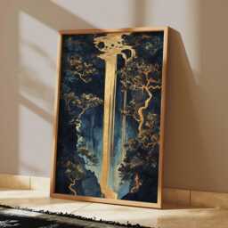 Golden Waterfall Wall Art, Abstract Oriental Nature Poster, Luxurious Gold & Navy Print For Modern Home Decor - thumbnail 2