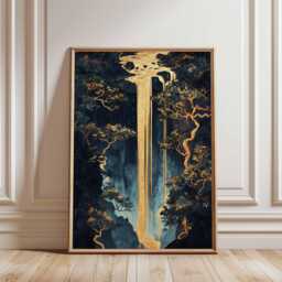 Golden Waterfall Wall Art, Abstract Oriental Nature Poster, Luxurious Gold & Navy Print For Modern Home Decor - thumbnail 1